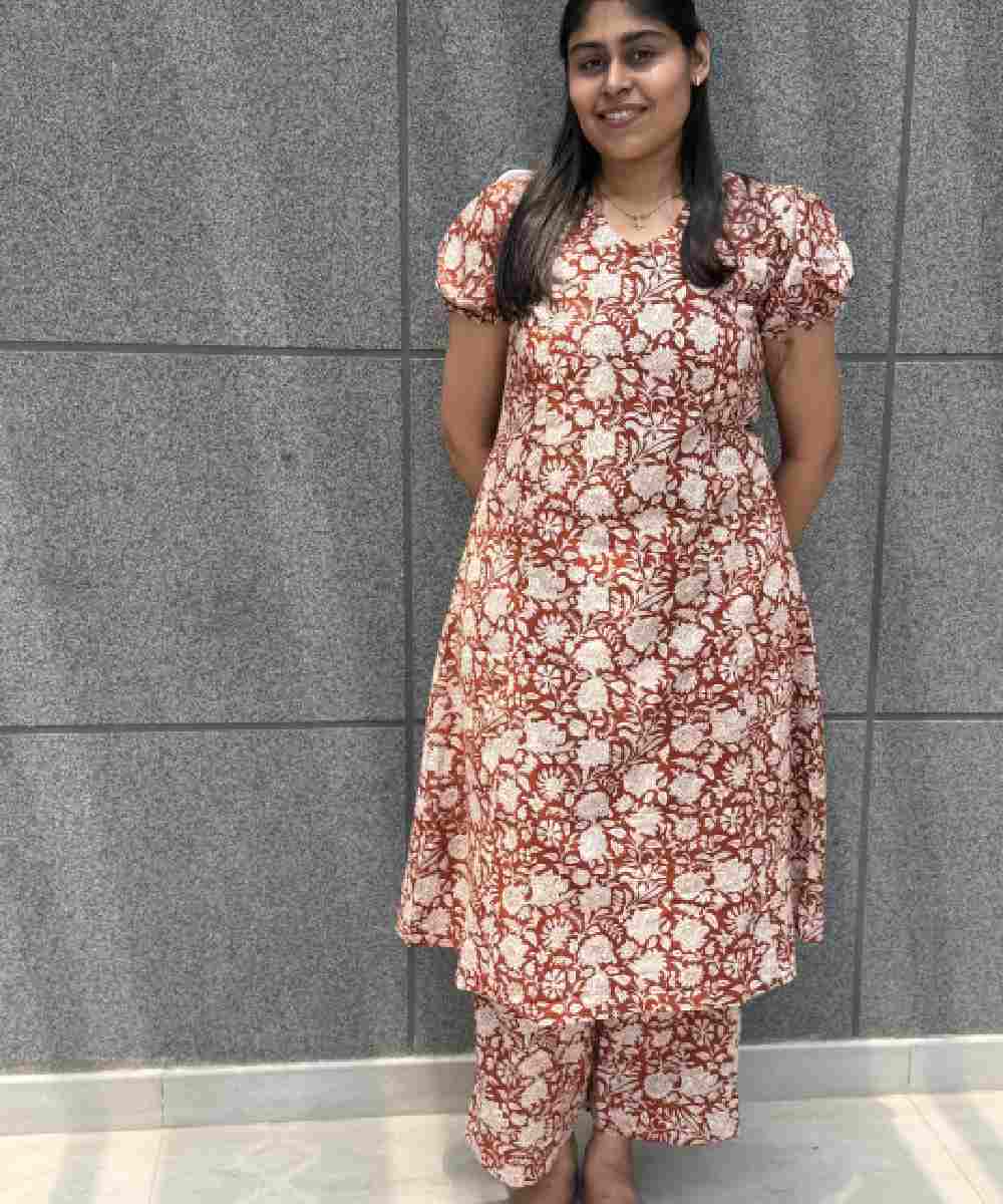 Brown Cotton Panel A line Co Ord Set