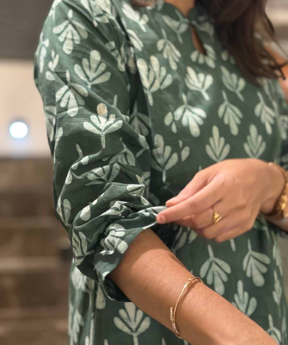 Handblock Cotton Green Ruffle Dress - Image 4