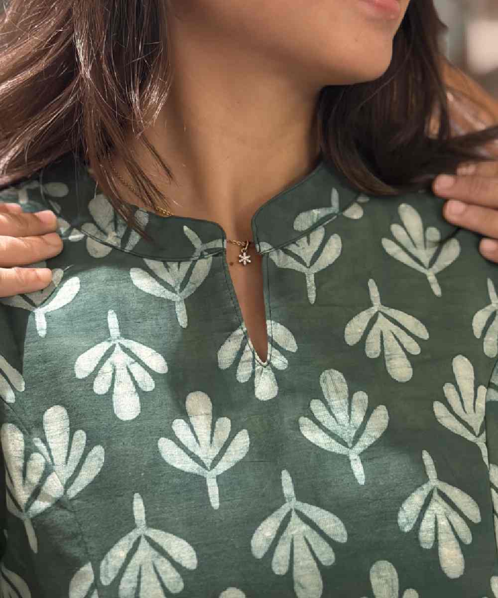 Handblock Cotton Green Ruffle Dress - Image 3