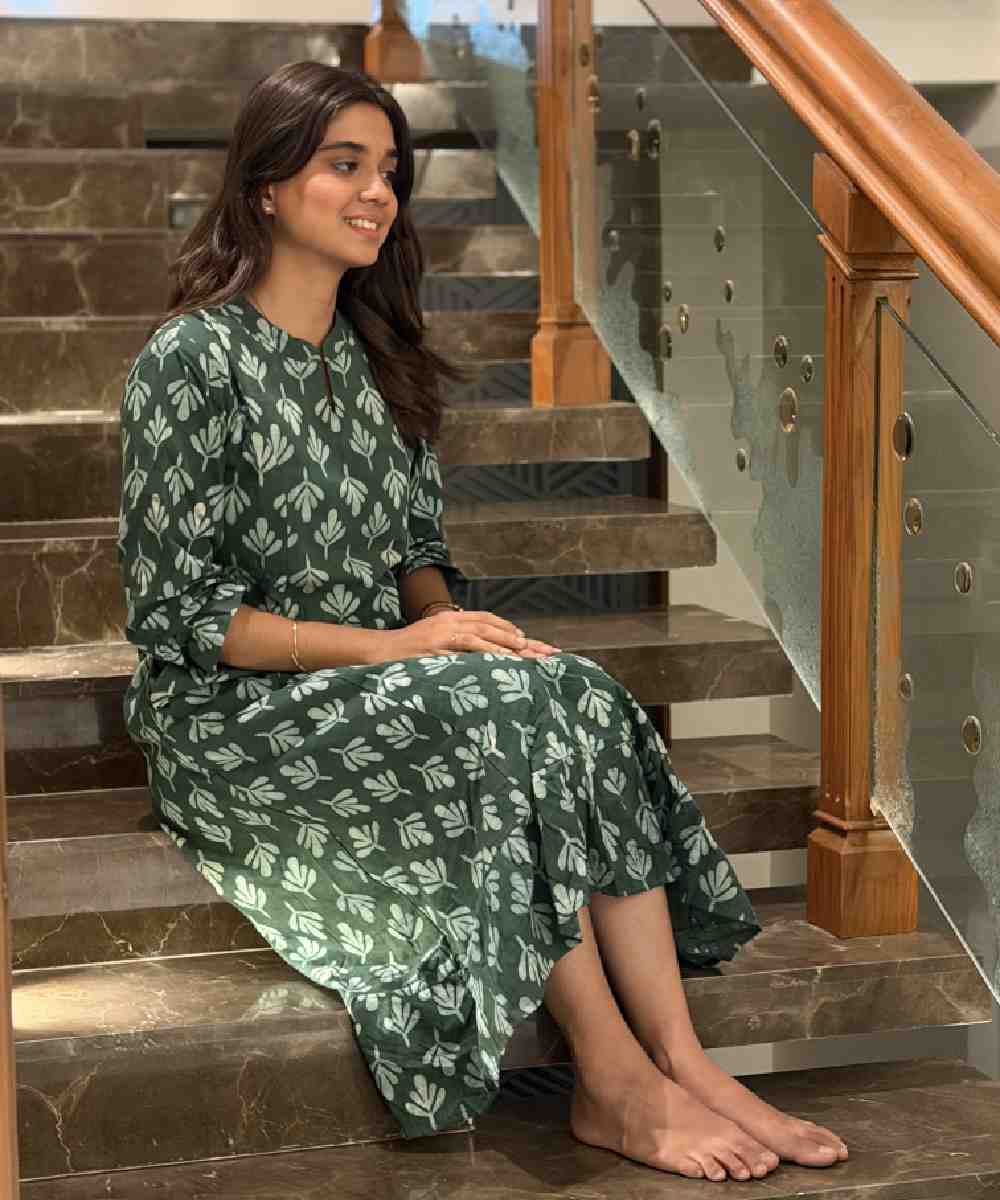 Handblock Cotton Green Ruffle Dress