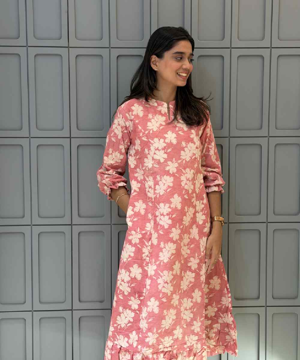 Handblock Cotton Pink Ruffle Dress
