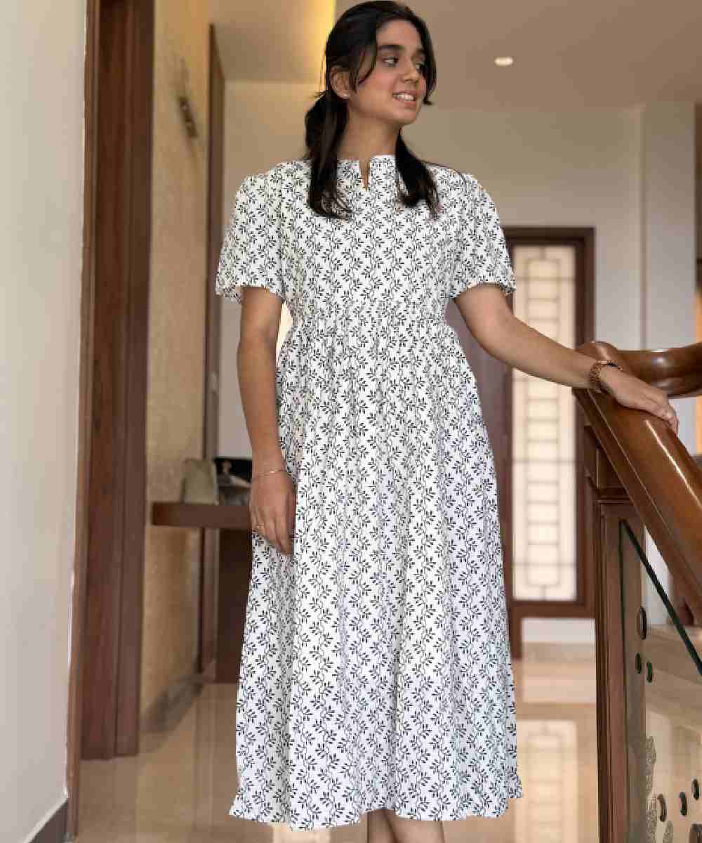 Handblock Cotton White Maxi