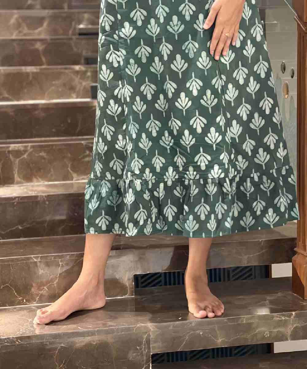 Handblock Cotton Green Ruffle Dress - Image 5